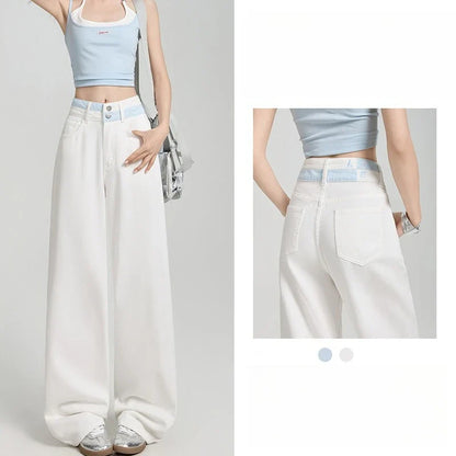 Loose Casual Wide Leg Denim Pants Summer New Thin 100% Cotton Women's High Waist Y2K Contrast Stitching All Match Baggy Jeans
