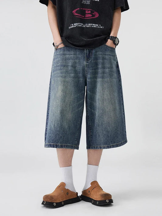 Summer New Straight Men's Denim Shorts Fashion Korean Loose Vintage Jeans Casual Wide Y2k Short Pants Streetwear