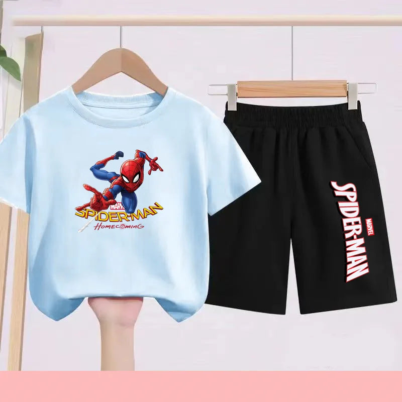 2026 Children's Sports Outfit with Spider Pattern Cartoon Print - T-shirt + Shorts Set, Suitable for Children Aged 3 To 13.