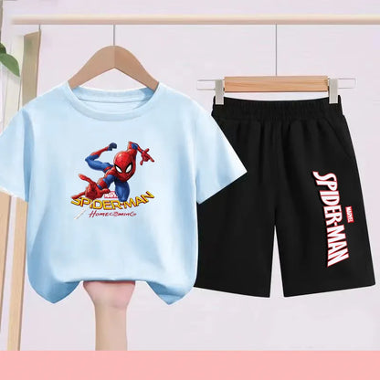 2026 Children's Sports Outfit with Spider Pattern Cartoon Print - T-shirt + Shorts Set, Suitable for Children Aged 3 To 13.