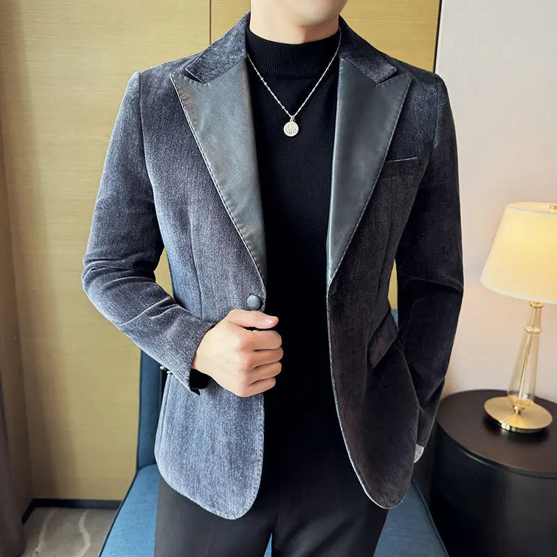 Splicing Leather Neck Fashion Suit Jacket Luxury Men's Business Slim Fit Social Formal Blazers Coats Wedding Groom Tuxedos 5XL-M