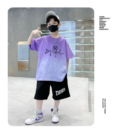 Kids Boy New Summer Suit Tie Dye T-shirt + Cargo Shorts 2 Pieces Tracksuit for Teens Child Shorts Sleeve Clothing Set Age 4 - 14