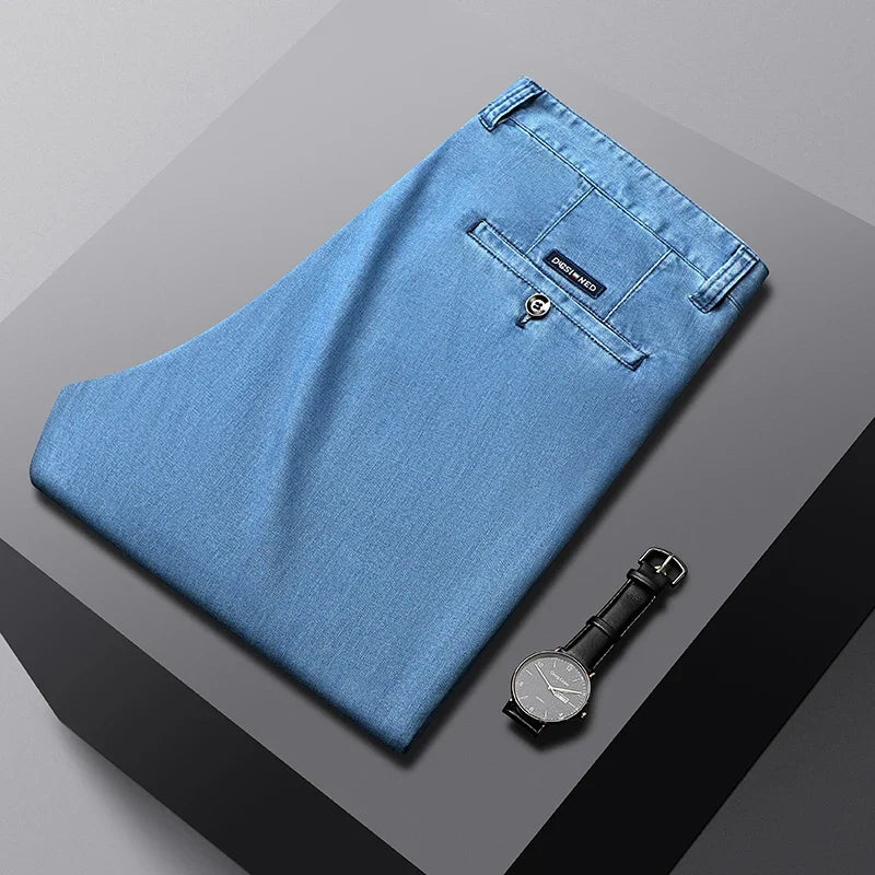 2026 New Spring Men's Light Blue Stretch Straight Jeans Business Casual Denim Pants Modal Fabric Trousers Male Brand