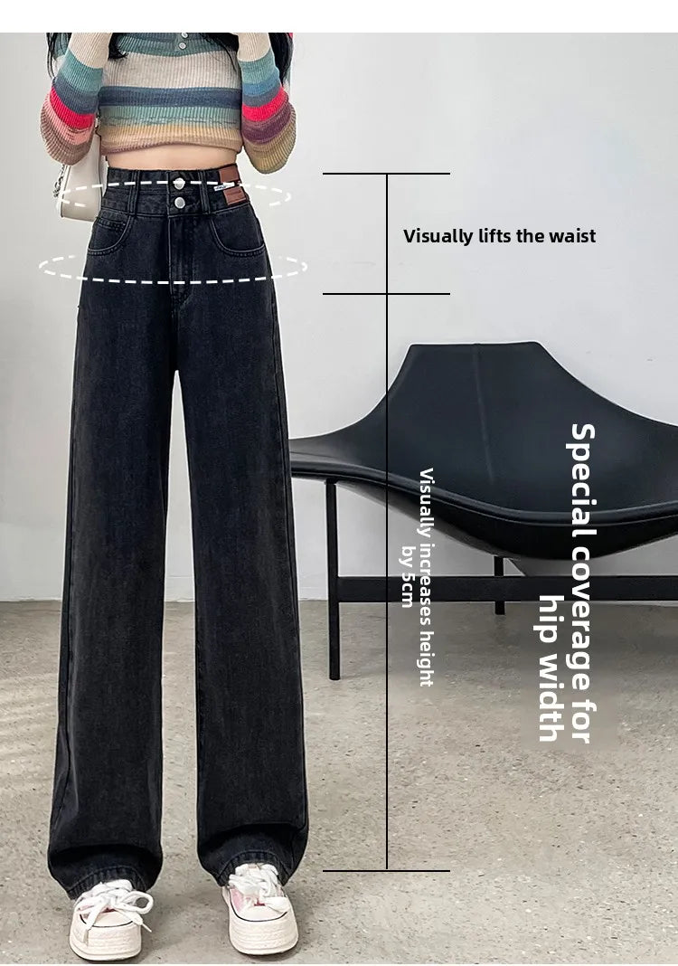 Slim Wide Leg Denim Jeans High Waist Double Bule Straight Cut Pants for Women Bla ey Autumn New Arrival Faionable Wea...
