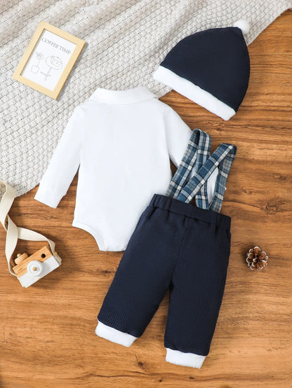 3PCS, Baby Christmas Set: Bow tie jumpsuit+checkered vest pants+Christmas hat, Christmas gift, comfortable and warm.
