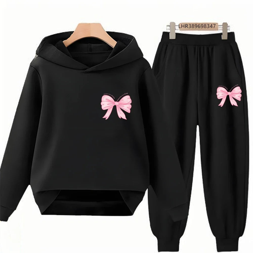 Fashion Kids Clothes Bow Print Children Hoodie 3-12 Years Boys Girls Red Pink Casual Tops+Pants Sets Long Sleeves Autumn