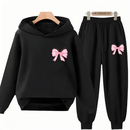 Fashion Kids Clothes Bow Print Children Hoodie 3-12 Years Boys Girls Red Pink Casual Tops+Pants Sets Long Sleeves Autumn