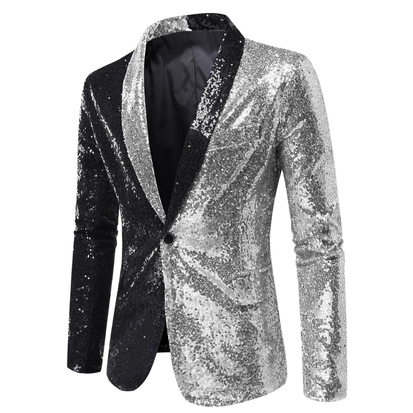 2026 Men's Suit Jacket, Shiny Sequin Stage Performance Coat, White Silver Blue Red Purple Blazers V-neck Single Button S-XXL