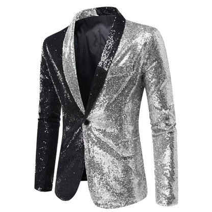 2026 Men's Suit Jacket, Shiny Sequin Stage Performance Coat, White Silver Blue Red Purple Blazers V-neck Single Button S-XXL
