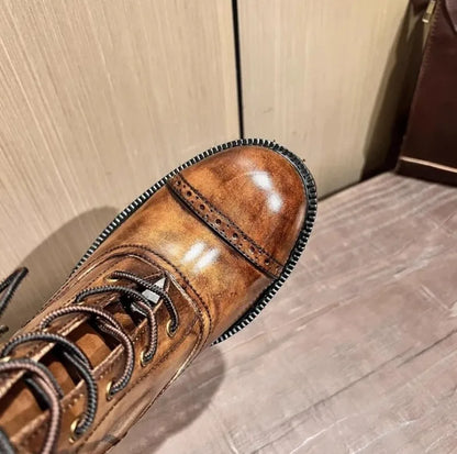Vintage Mens Round Toe Lace Up High Top Work Safety Shoes Cowhide Genuine Leather Ankle Boots British Motorcycle Riding Boots 45