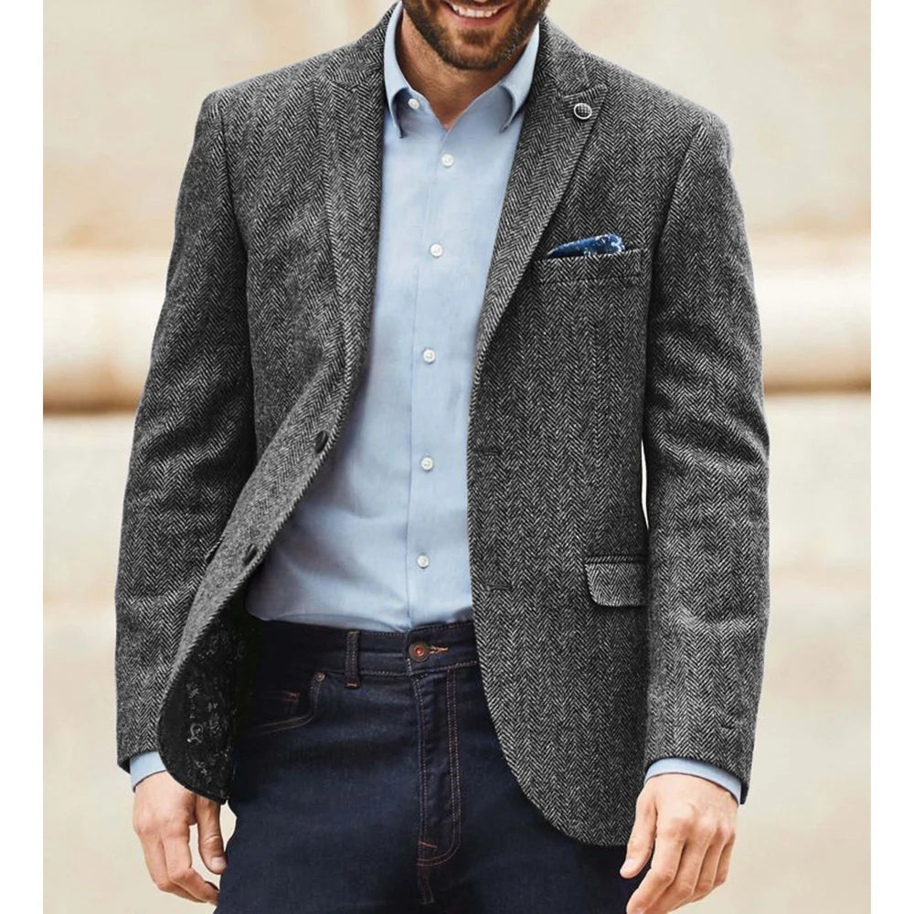 Men's Herringbone Tweed Suit Blazer Classic Notch Lapel Dress Jacket Elegant Slim Fit Fashion Simple Casual Business Outerwear