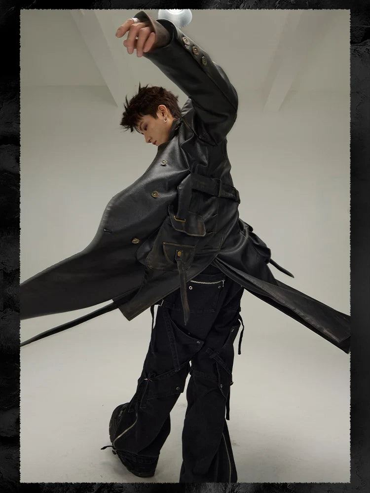 Spring Autumn Long  Distressed Black Pu Leather Trench Coat Men Belt Double Breasted Luxury European Fashion 2023