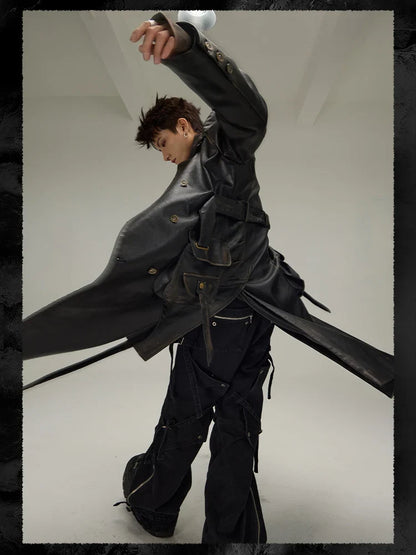 Spring Autumn Long  Distressed Black Pu Leather Trench Coat Men Belt Double Breasted Luxury European Fashion 2023