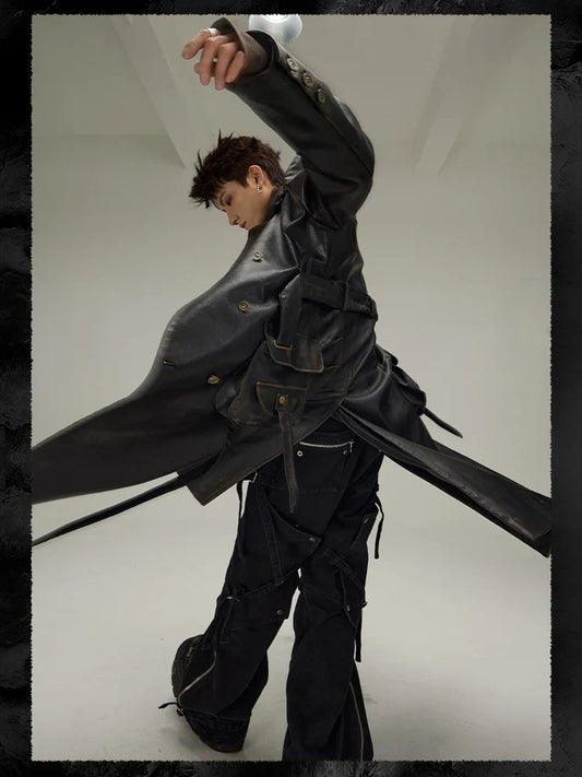 Spring Autumn Long  Distressed Black Pu Leather Trench Coat Men Belt Double Breasted Luxury European Fashion 2023