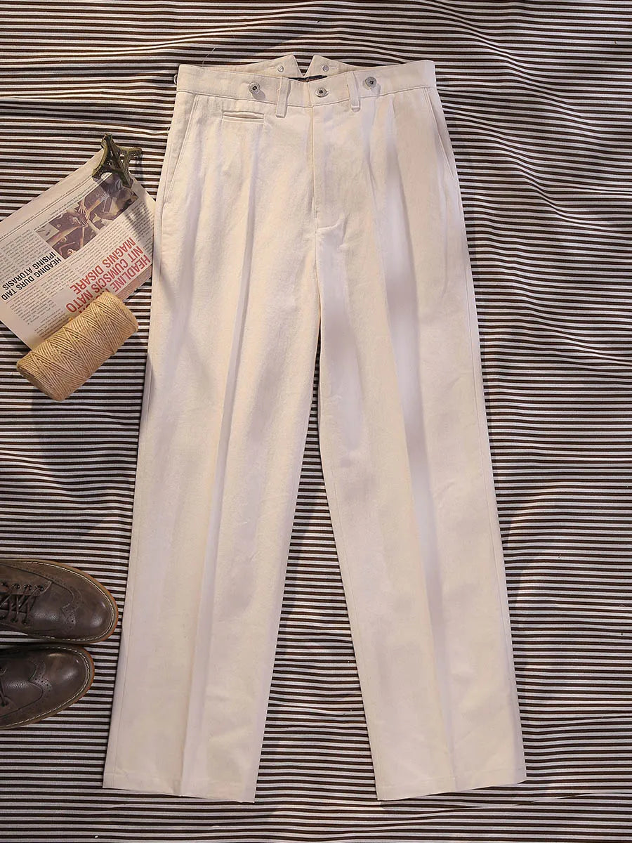 Beige Fishtail Waist Officer's Pants Vintage Deck Loose High Waist Straight Leg Casual Pants Cotton Wide Leg Pants