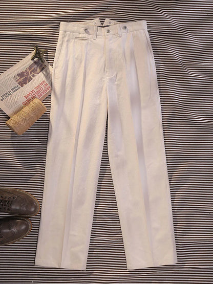 Beige Fishtail Waist Officer's Pants Vintage Deck Loose High Waist Straight Leg Casual Pants Cotton Wide Leg Pants