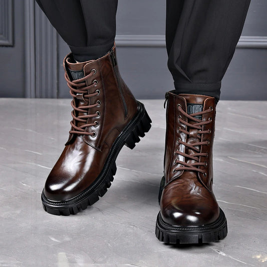 Genuine leather men's boots High top style autumn and winter Classic Black Brown Outdoor quality adult Thick soled shoes New