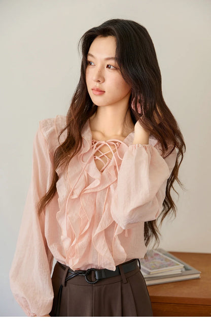 Pink Ruffled Blouse for Woman 2025 Autumn New Elegant Sweet V-neck Lace-up Design Shirt Lantern Sleeves Top MXE49X2504