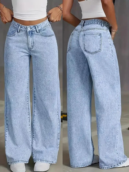 Plus Size Women's Wide Leg Jeans Washed Elastic Casual Loose Fit Ladies Denim Pants Comfortable Stretchy Trousers