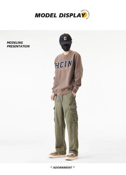 2026 New in Winter Corduroy Pants Men Straight Wide Leg Cargo Trouser Male Elastic Waist Loose Fit Thick Brown Warm Fleece Plush