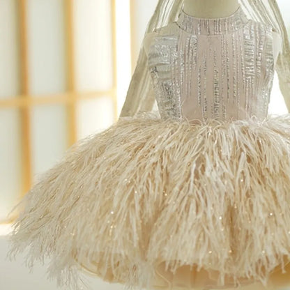 Fashion Baby Girl Princess Bling Feather Dress Infant Toddler Child Bow Vestido Party Pageant Birthday Ball Gown 12M-14Y