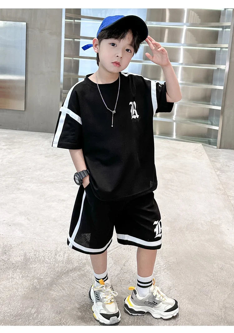 2025 Kids Summer Clothing Boys Top and Bottom Set Beige Black Color T-shirt Shorts 2PCS Tracksuit Set Teens Child Casual Outfit