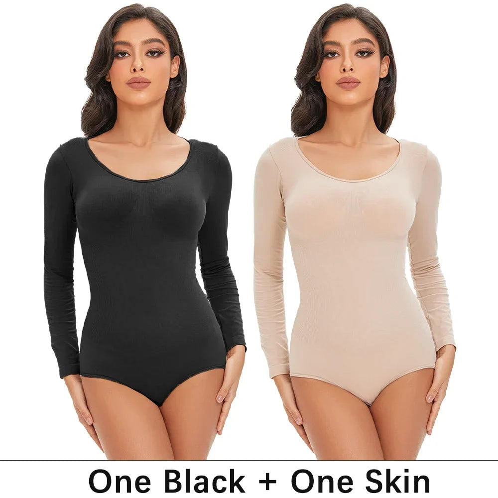 Spandex Elastic Body Suit Shapewear Women Body Shaper Tummy Control Long Sleeve Open Crotch Round Neck Seamless Shapers
