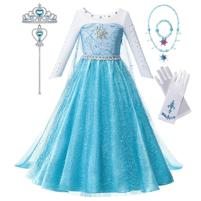 Girls Snow Queen Elsa Anna Long Sleeves Costume Kids Princess Dress Halloween Cosplay Party Prom Gown Vesidos For 2-10 Years