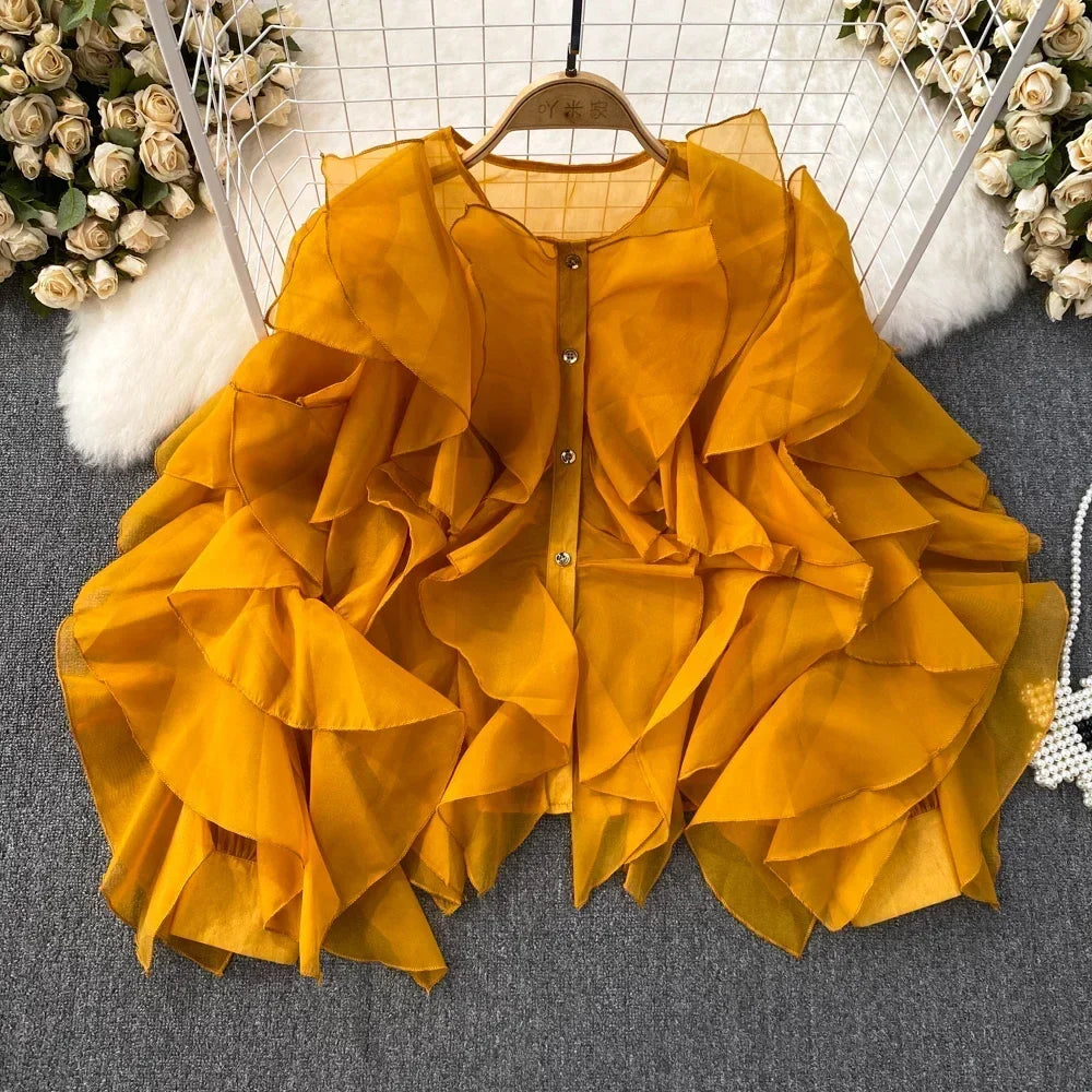 Autumn Blouse for Women Fashion O-neck Long Puff Sleeve Flounced Edge Shirts French Chic Versatile Female Tops Dropshipping