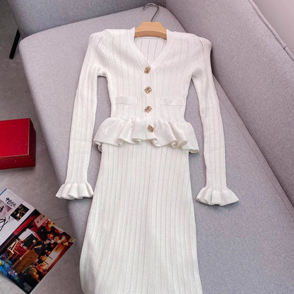 Brand Fashion One-piece Knitted Maxi Dress Women Elegant V-neck Ruffled Slim Waist Bodycon Sweater Dress Party Vestido