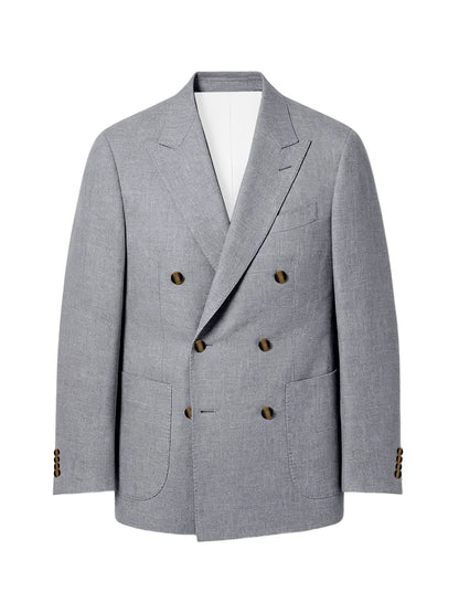 Men's Linen Double Breasted Blazer Peak Lapel Casual Business Suit Jacket With Patch Pockets For Daily Office Wear