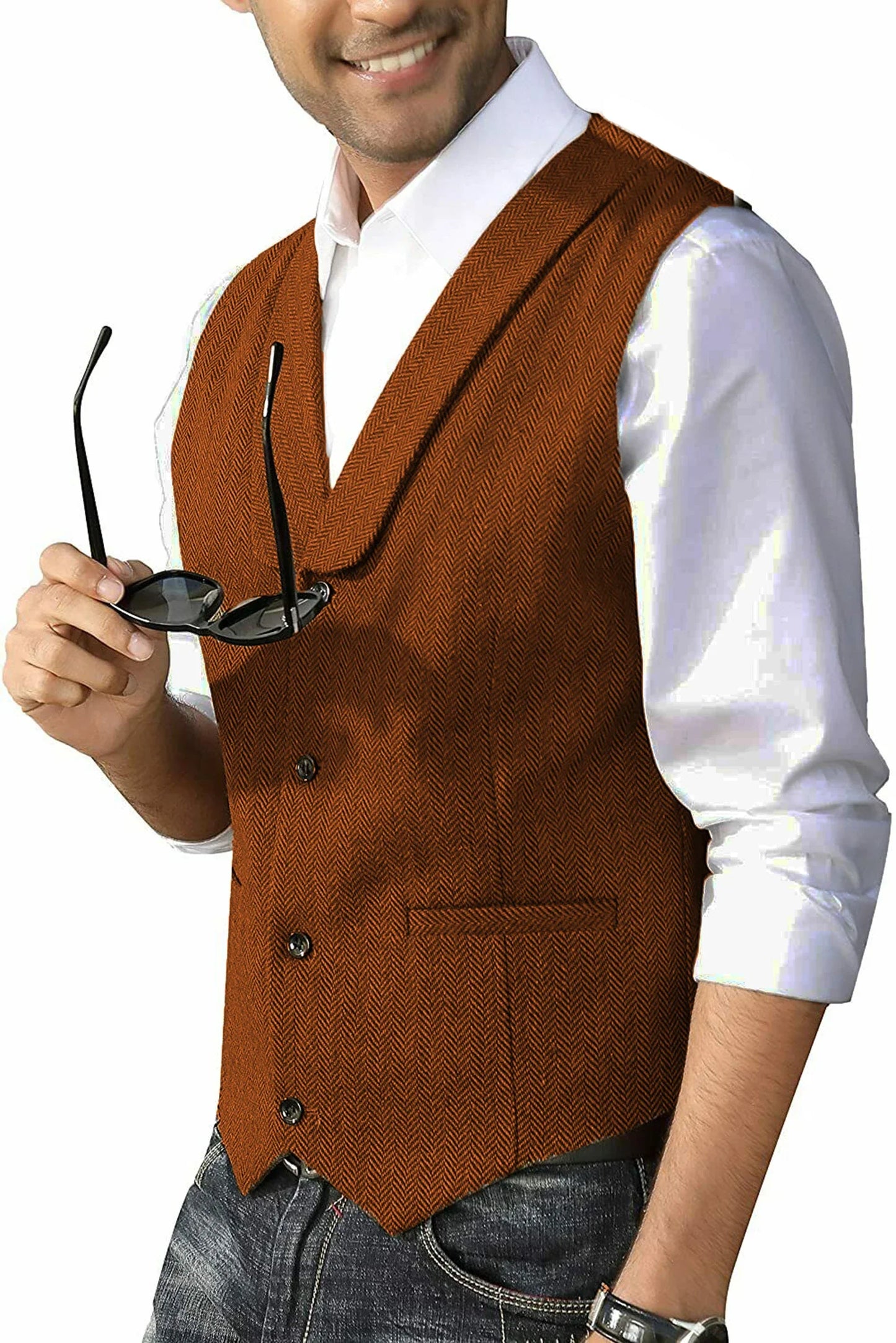 Men's Casual Suit Vest Shawl Lapel Wool Tweed Herringbone Dress Waistcoat for Wedding Party Dinner Herringbone Vests