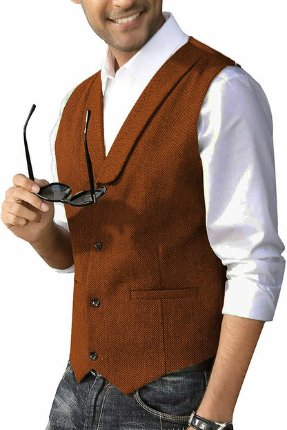 Men's Casual Suit Vest Shawl Lapel Wool Tweed Herringbone Dress Waistcoat for Wedding Party Dinner Herringbone Vests