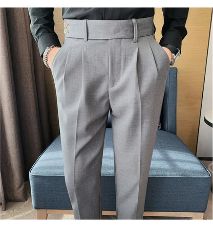 British Style Twill Pleat Design Naples High Waist Casual Trousers Fashion Man Slim Simple Social Party Suit Pant Plus Size 38