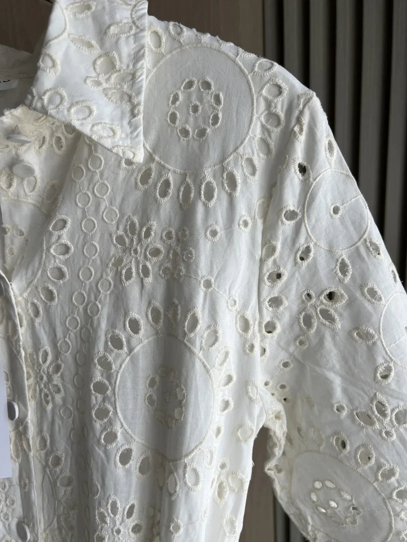 2025 new  women's elegant fashion hollow embroidery cotton shirt lapel short-sleeved dress temperament long skirt