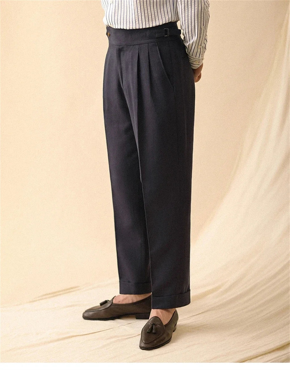 Linen Straight Pant For Men Summer Business Gentleman Naples Pant Paris Buckle Drape High Waisted Trousers Men Formal Pant