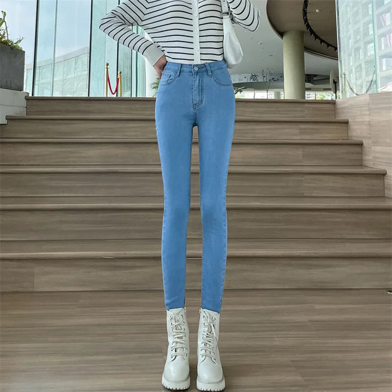Women Stretch Jeans Lady Slim Skinny Pencil Jeans High Waist Vintage Pants Girls Leggings Straight Leg Korea Fashion Trousers