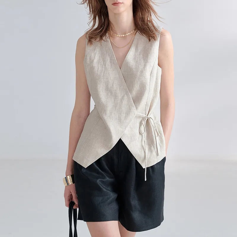 100% Linen V-Neck Vest Women's Tank Top French Vintage Lace-up Top Casual Sleeveless Office Ladies Waist-Cinched Linen Tops