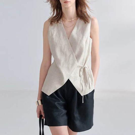 100% Linen V-Neck Vest Women's Tank Top French Vintage Lace-up Top Casual Sleeveless Office Ladies Waist-Cinched Linen Tops