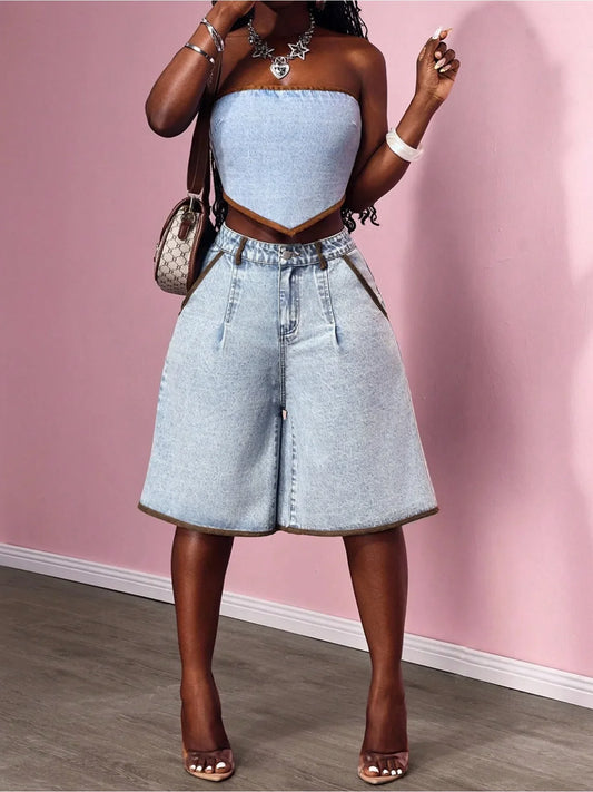 Ladies Decorative Contrast Color Bell Bottom Jeans Shorts Women's Denim Cutoffs Seven-Five Pants Feminine Casual Shorts