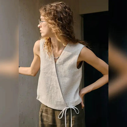100% Linen Women's V-Neck Short Vest Tank Top 2026 New Arrival Summer Casual Sleeveless Tie-Front Linen Tops Camison Verano