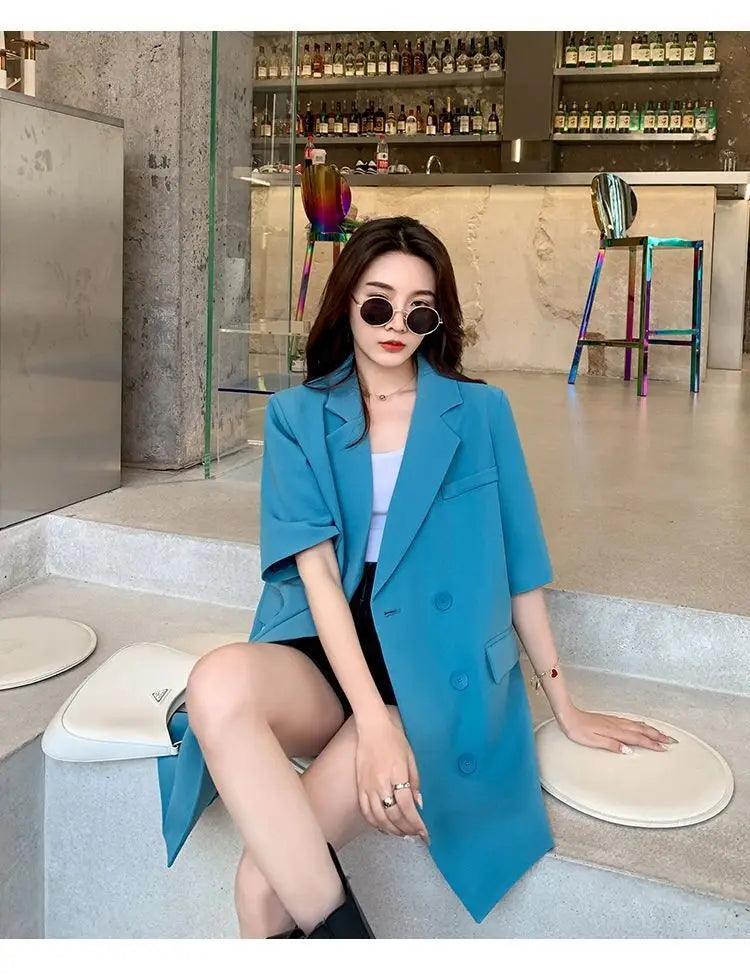 Korean Fashion Loose Thin Blazer Women Spring Autumn New Extra Large Mid Length Short Sleeved Women Coat Casual Outwear