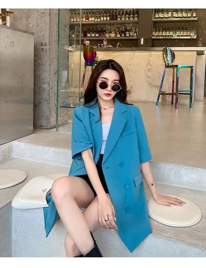 Korean Fashion Loose Thin Blazer Women Spring Autumn New Extra Large Mid Length Short Sleeved Women Coat Casual Outwear