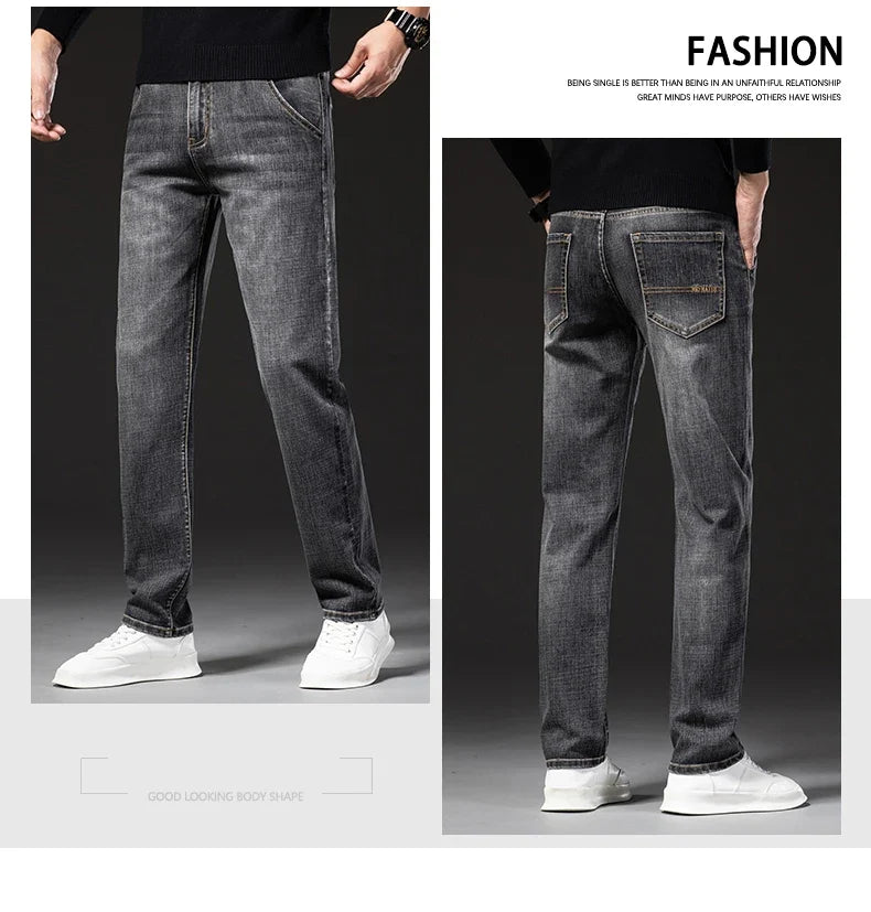 New Spring Summer Plus Size 40 42 44 Men Straight Loose Jeans Business Fashion Denim Stretch Pants Male Brand Trousers