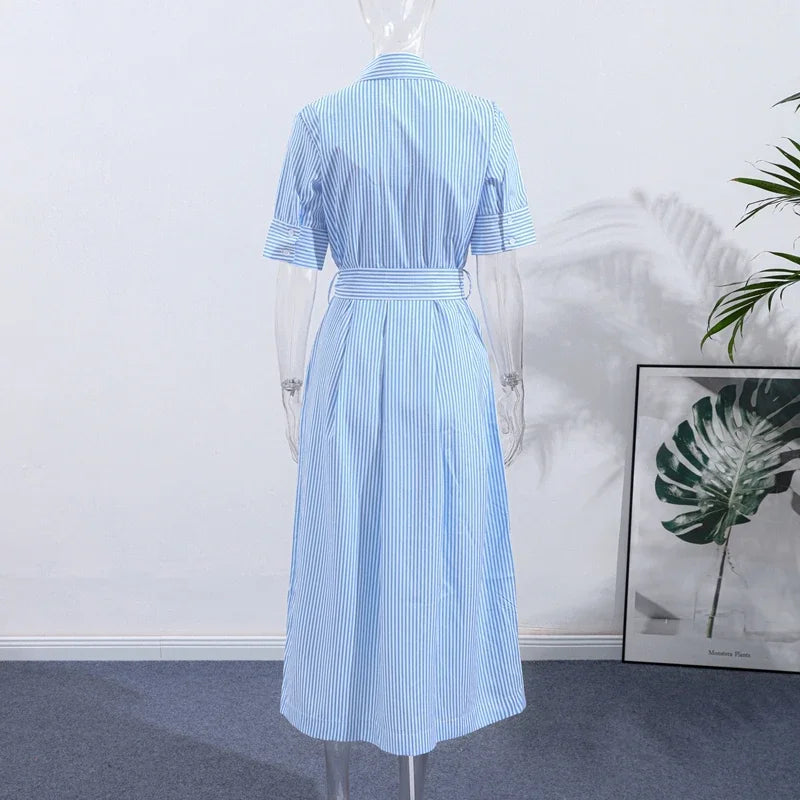 Elegant Women's Striped Long Dress Summer Lace Up Turn-Down Collar Single-breasted Blue A-line Dresses 2026 Lady Holiday Robes