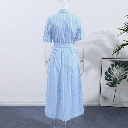 Elegant Women's Striped Long Dress Summer Lace Up Turn-Down Collar Single-breasted Blue A-line Dresses 2026 Lady Holiday Robes
