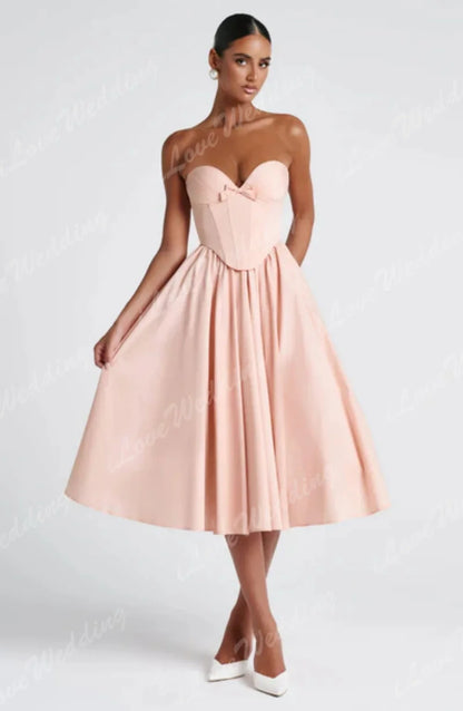 Pink Simple Strapless Prom Gowns Sweetheart Backless Satin A-Line Tea Length Birthday Evening Dress Vestidos De Festa Customized