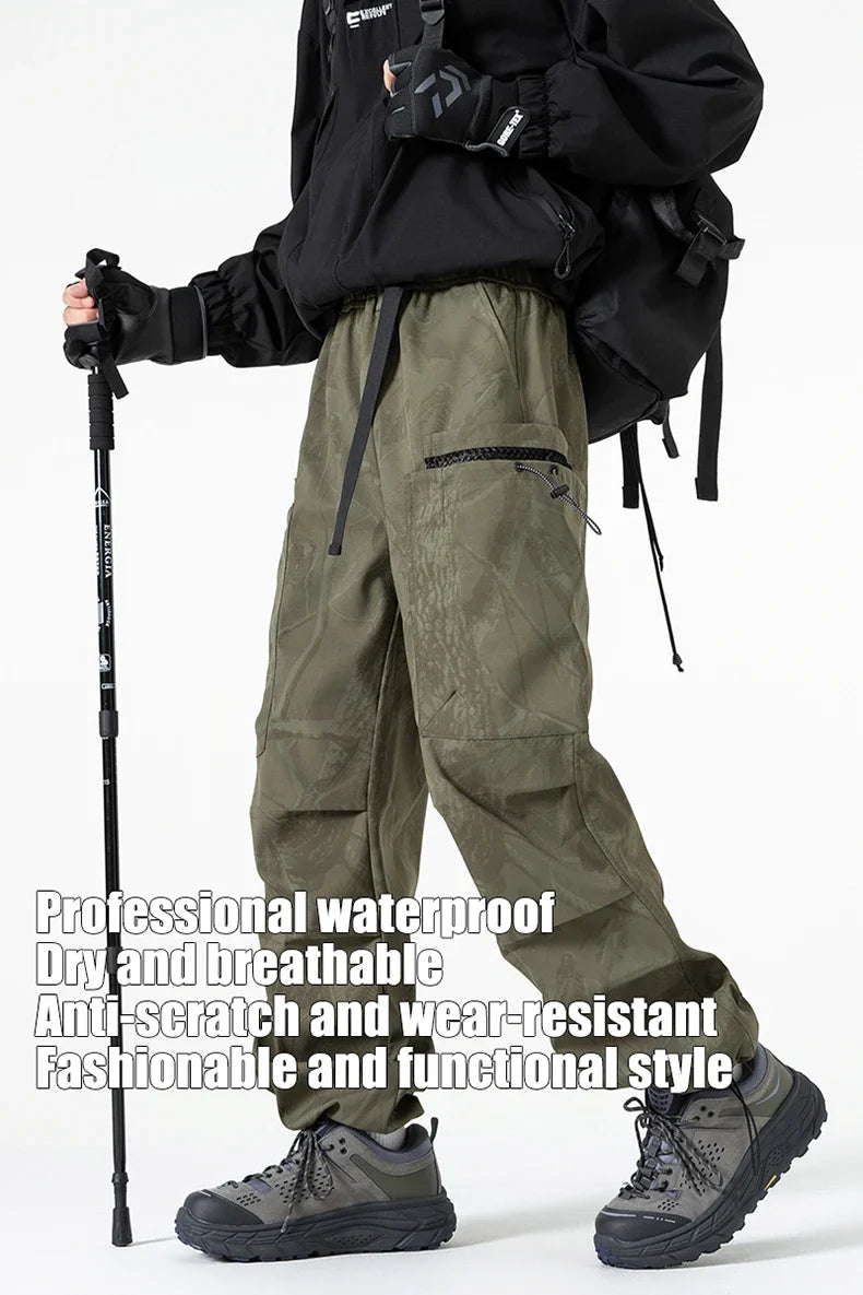 Hiking Pants Men Waterproof Windproof Breathable Elastic Waist Climbing Trekking Fishing Pants Camping Casual Overalls Trousers