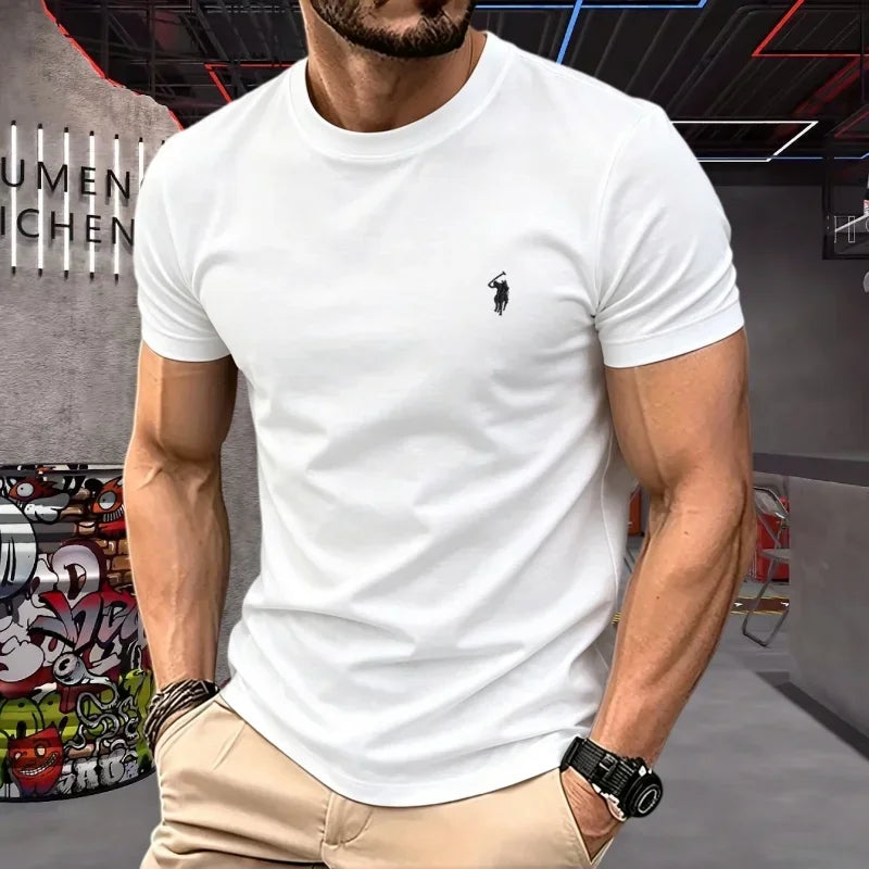 100% pure cotton high-quality brand round neck short sleeved men's 2026 summer fashion pony embroidery T-shirt casual sports top
