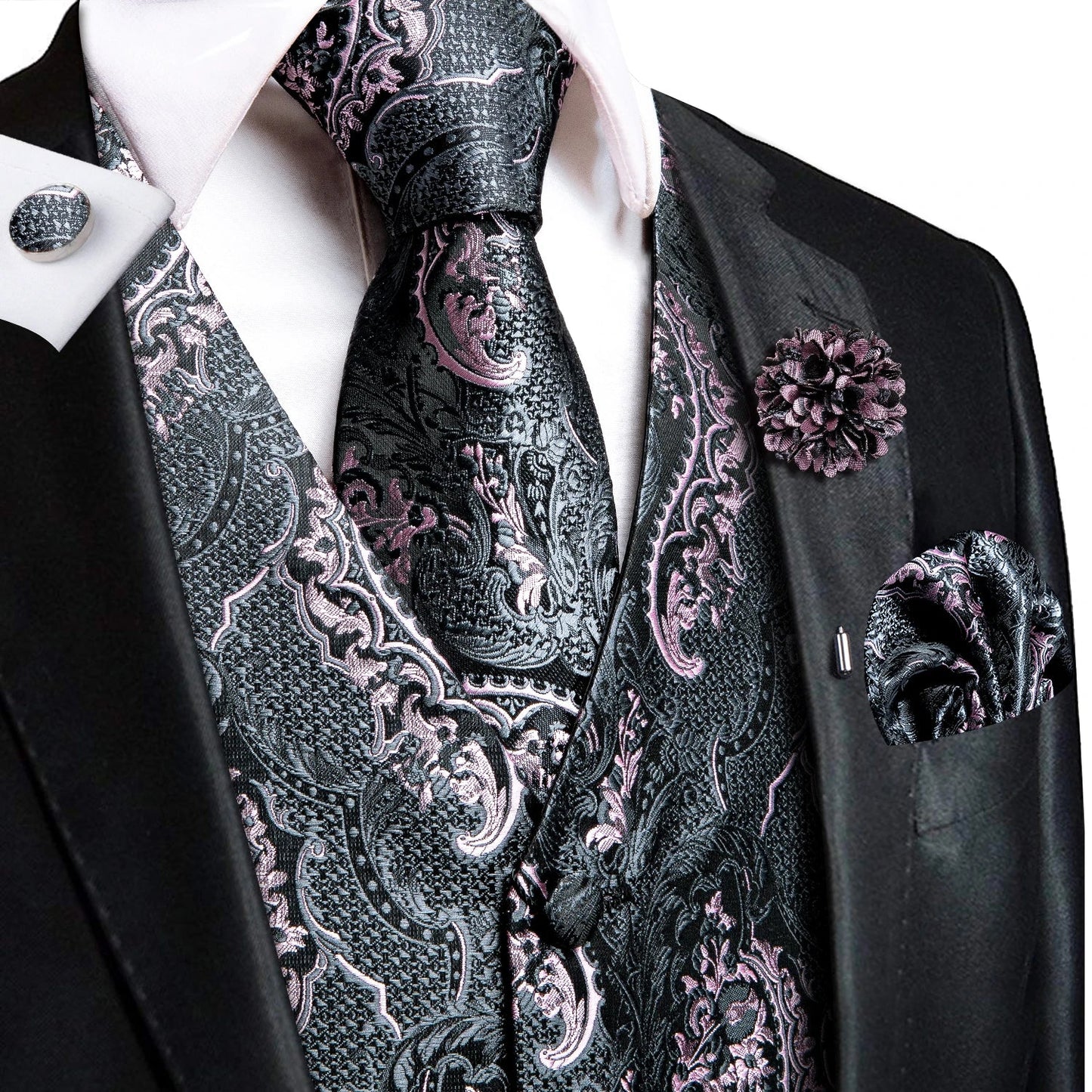 High Quality Silk Mens Vests Pink Gray Floral Waistcoat Tie Hanky Cufflinks Brooch Set for Men Suit Wedding Office Gift